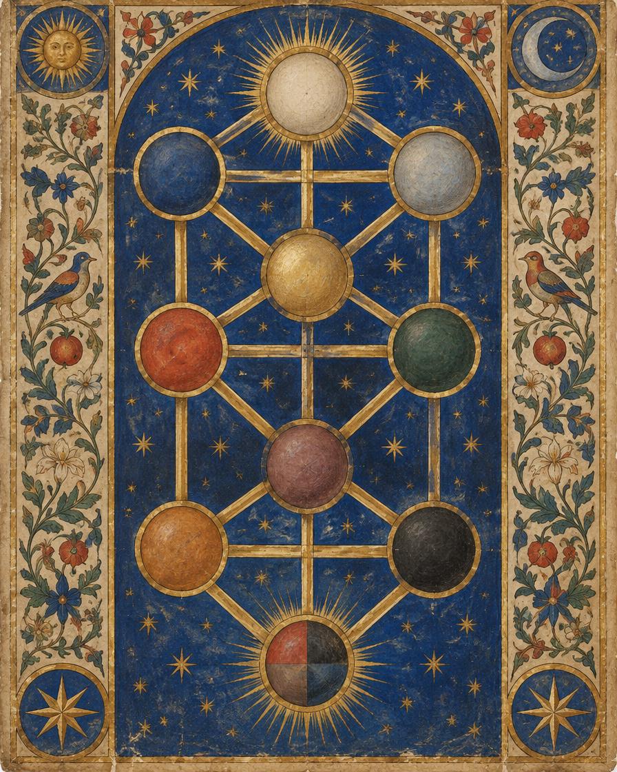 Illuminated Tree of Life diagram with ten connected spheres